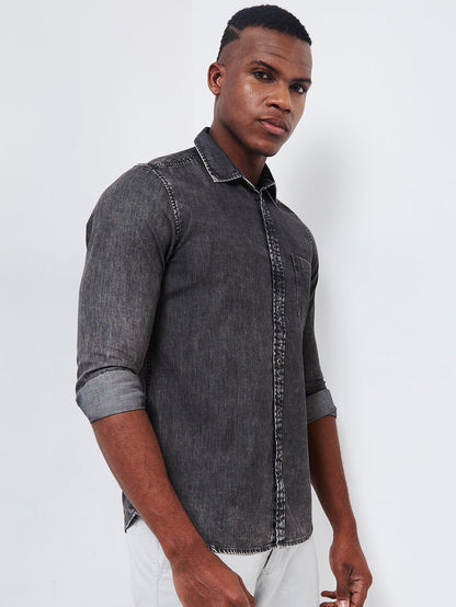 Full sleeves Slim Fit Mid Black Wash Indigo Solid Shirt