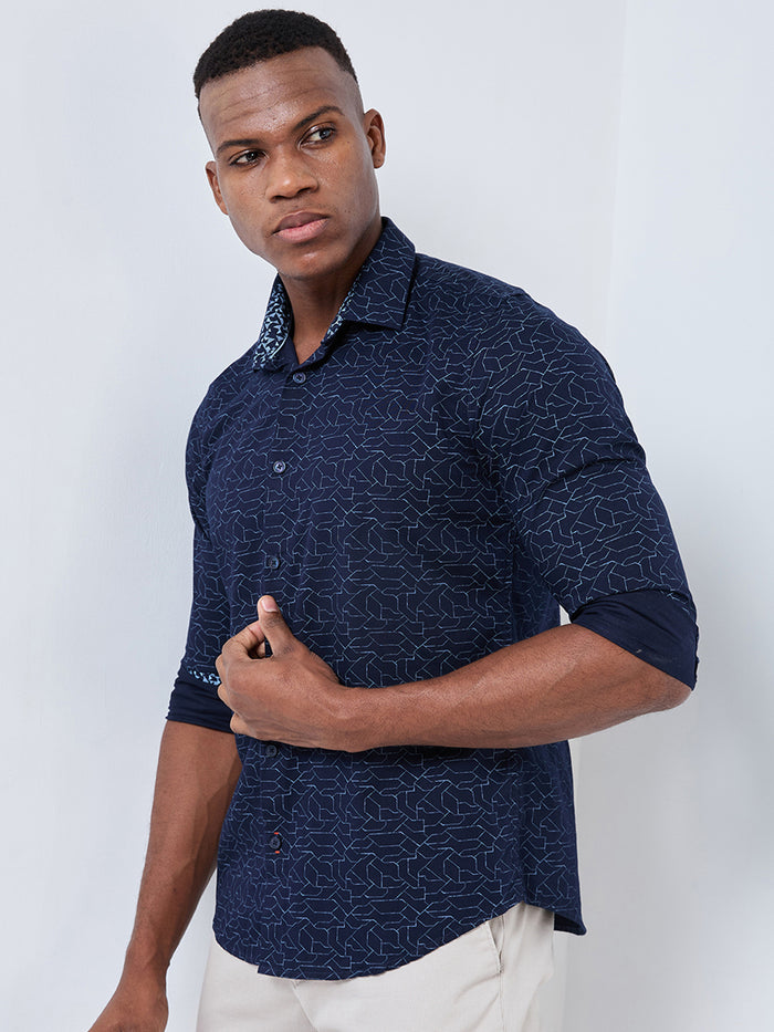 Full sleeves Slim Fit Navy Abstract Linear Geometric Print Shirt