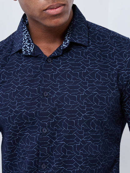 Full sleeves Slim Fit Navy Abstract Linear Geometric Print Shirt