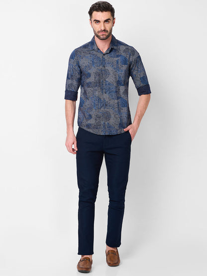 Full sleeves Slim Fit Navy all over Tonal Patchwork Paisley Print Shirt