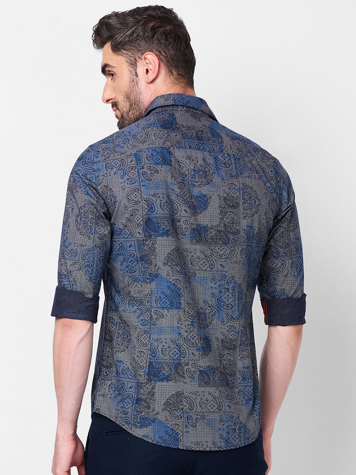Full sleeves Slim Fit Navy all over Tonal Patchwork Paisley Print Shirt