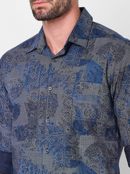 Full sleeves Slim Fit Navy all over Tonal Patchwork Paisley Print Shirt