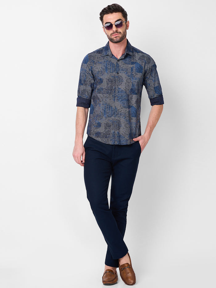 Full sleeves Slim Fit Navy all over Tonal Patchwork Paisley Print Shirt