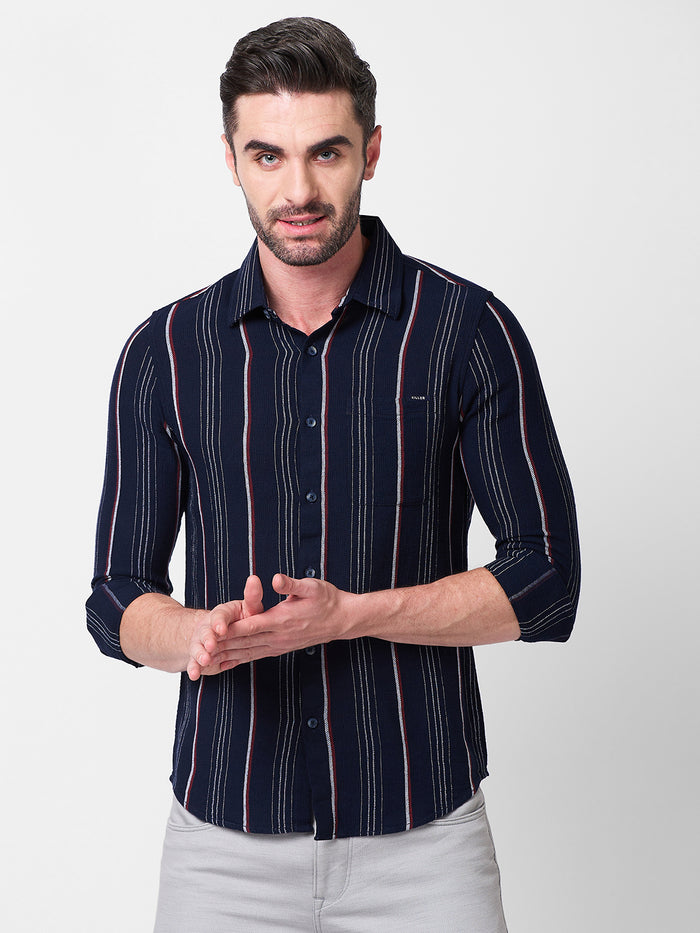Full Sleeves Slim Fit Navy Structure Stripe Shirt