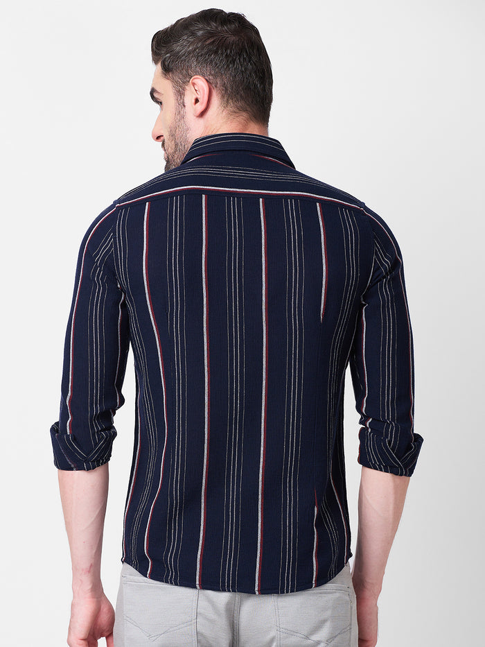 Full Sleeves Slim Fit Navy Structure Stripe Shirt
