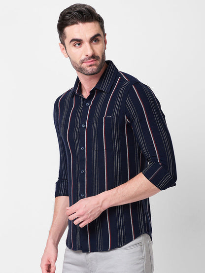 Full Sleeves Slim Fit Navy Structure Stripe Shirt