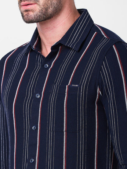 Full Sleeves Slim Fit Navy Structure Stripe Shirt