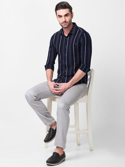 Full Sleeves Slim Fit Navy Structure Stripe Shirt