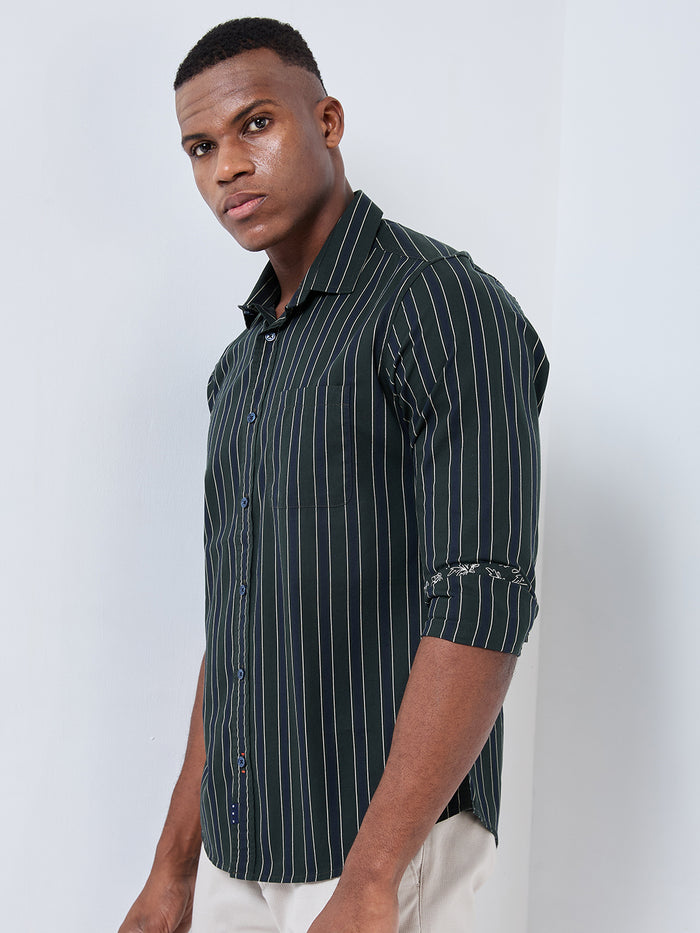 Full sleeves Slim Fit Navy Structured Striper Shirt
