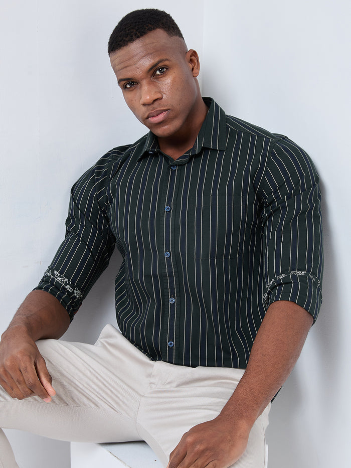 Full sleeves Slim Fit Navy Structured Striper Shirt