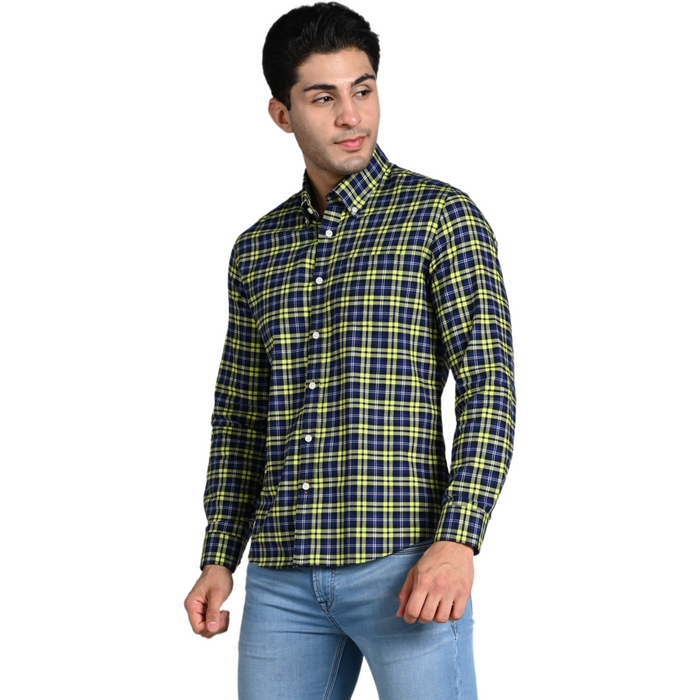 Full Sleeves Slim Fit Neon Green Button-Down Oxford Checks Shirt