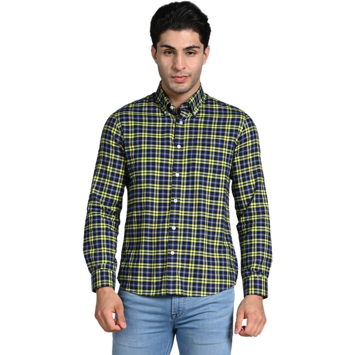 Full Sleeves Slim Fit Neon Green Button-Down Oxford Checks Shirt