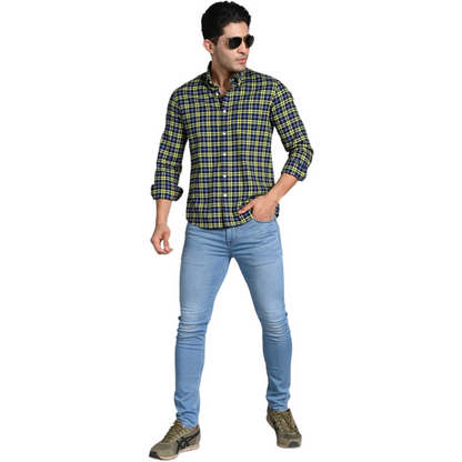 Full Sleeves Slim Fit Neon Green Button-Down Oxford Checks Shirt
