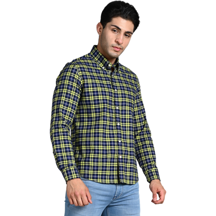Full Sleeves Slim Fit Neon Green Button-Down Oxford Checks Shirt