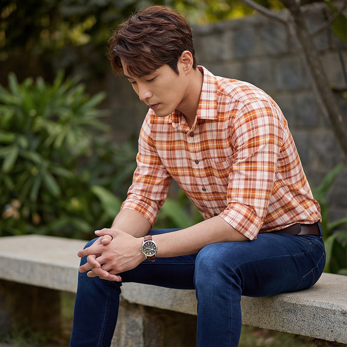 Full sleeves Slim Fit Orange Light Weight Checks Shirt