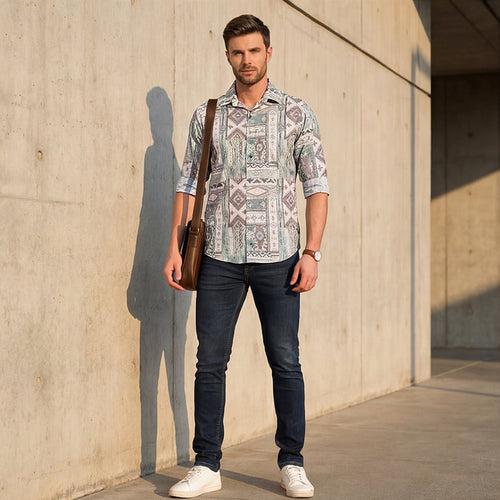Full sleeves Slim Fit Pista Tribal Geometric Motif Print Shirt