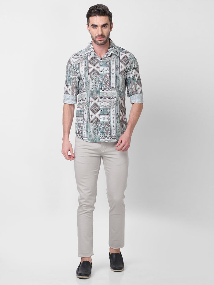 Full sleeves Slim Fit Pista Tribal Geometric Motif Print Shirt