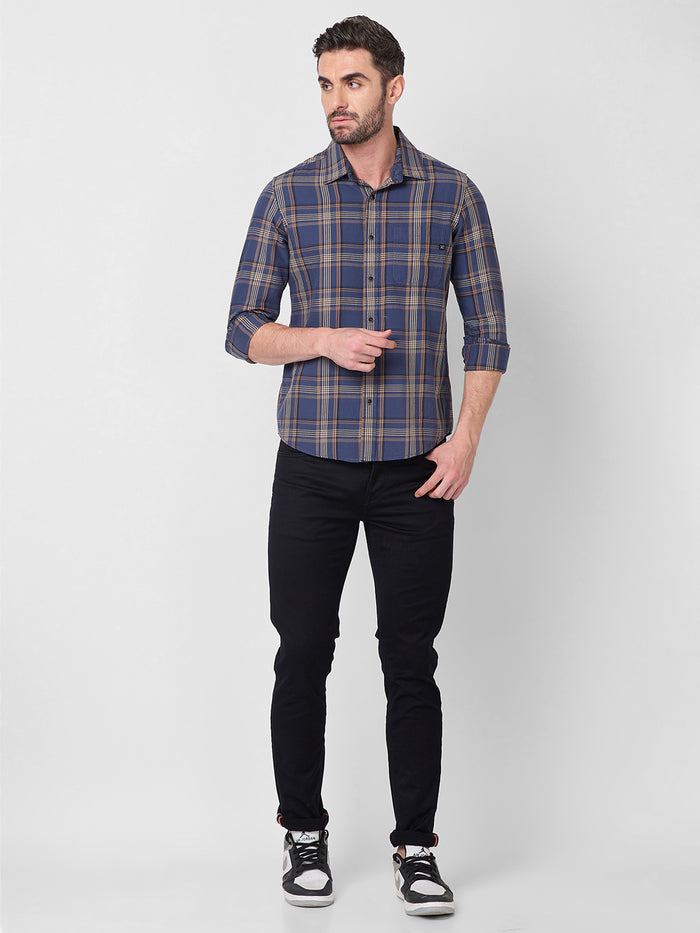 Full Sleeves Slim Fit Slate Blue Cavalry Checks Shirt