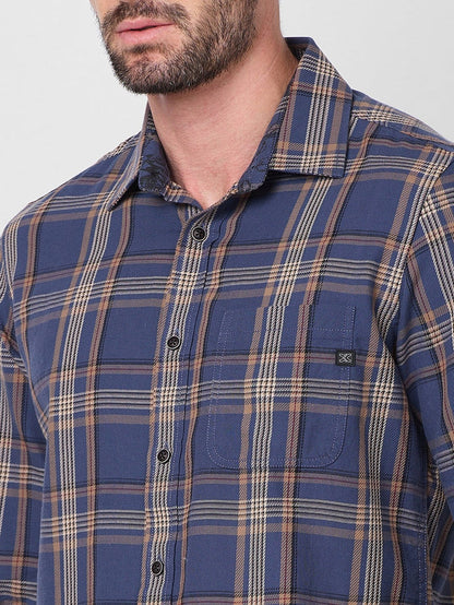 Full Sleeves Slim Fit Slate Blue Cavalry Checks Shirt