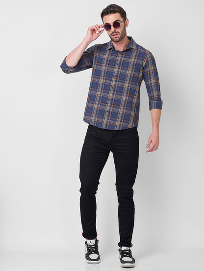 Full Sleeves Slim Fit Slate Blue Cavalry Checks Shirt