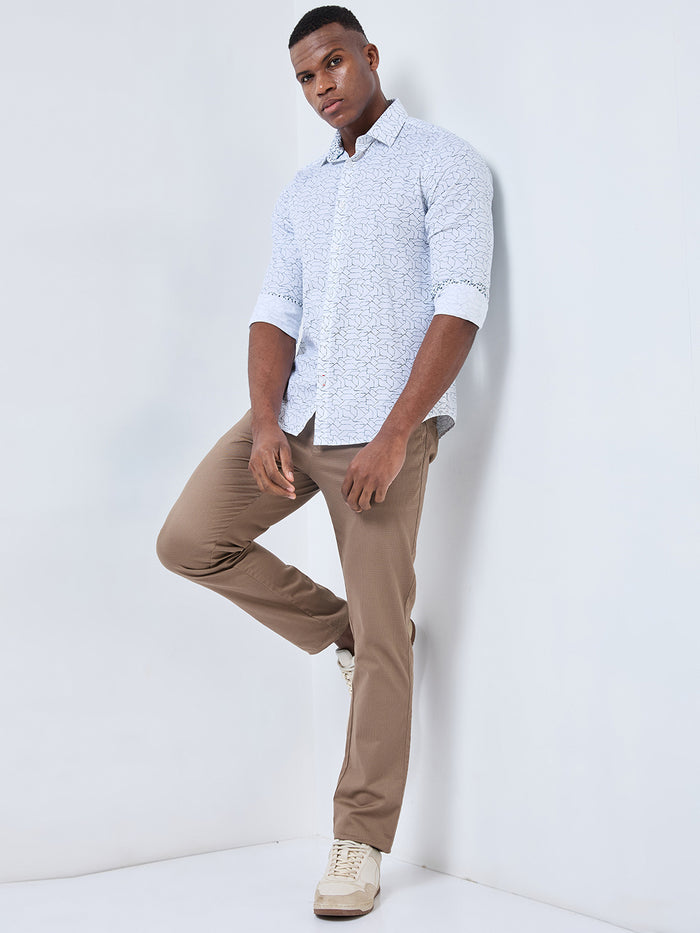 Full sleeves Slim Fit White Abstract Linear Geometric Print Shirt