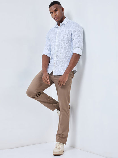 Full sleeves Slim Fit White Abstract Linear Geometric Print Shirt