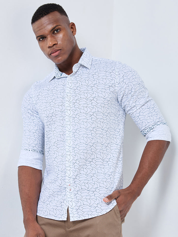 Full sleeves Slim Fit White Abstract Linear Geometric Print Shirt
