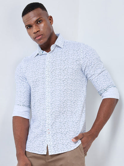 Full sleeves Slim Fit White Abstract Linear Geometric Print Shirt