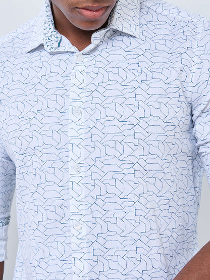 Full sleeves Slim Fit White Abstract Linear Geometric Print Shirt