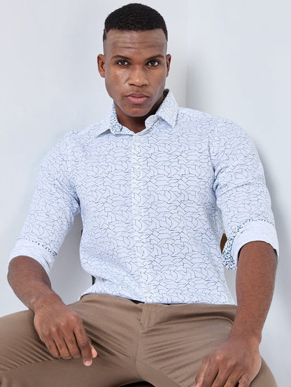 Full sleeves Slim Fit White Abstract Linear Geometric Print Shirt