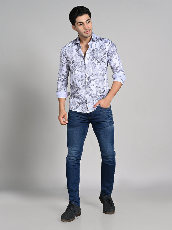 Full Sleeves Slim Fit White All over Abstract Paisly Foil Textured Print Shirt
