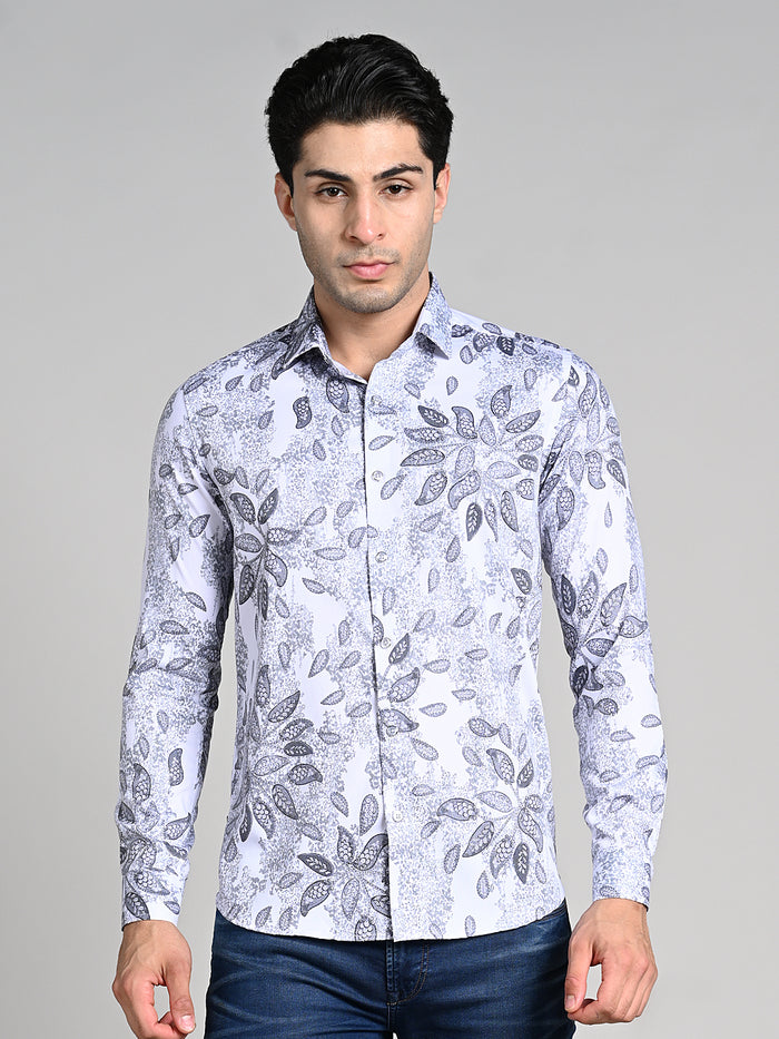Full Sleeves Slim Fit White All over Abstract Paisly Foil Textured Print Shirt
