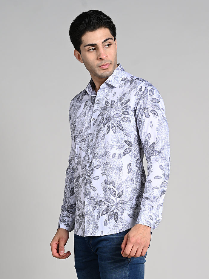 Full Sleeves Slim Fit White All over Abstract Paisly Foil Textured Print Shirt