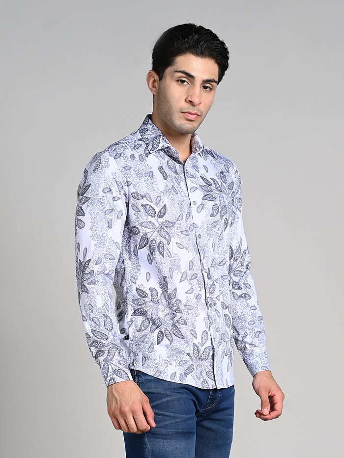 Full Sleeves Slim Fit White All over Abstract Paisly Foil Textured Print Shirt