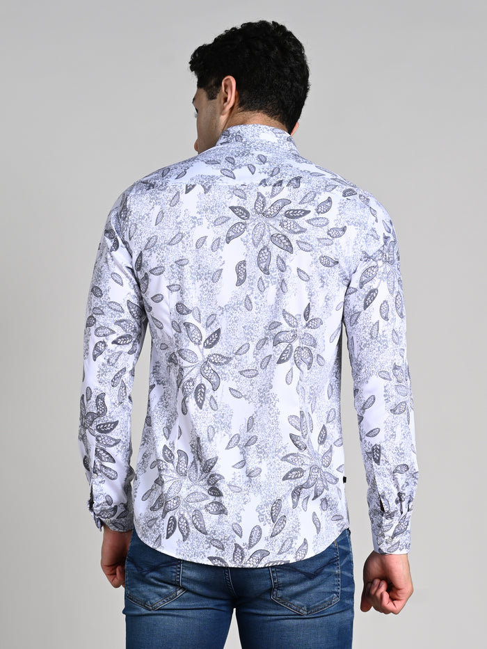 Full Sleeves Slim Fit White All over Abstract Paisly Foil Textured Print Shirt