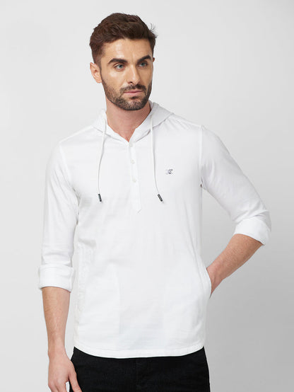 Full sleeves Slim Fit White Kurta Placket Hoodie Solid Shirt