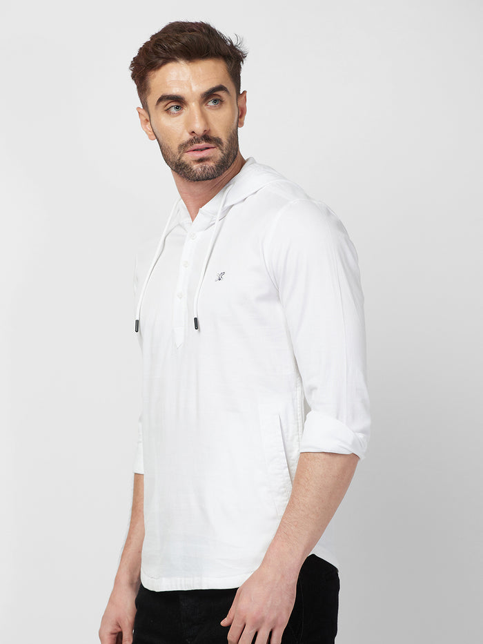 Full sleeves Slim Fit White Kurta Placket Hoodie Solid Shirt