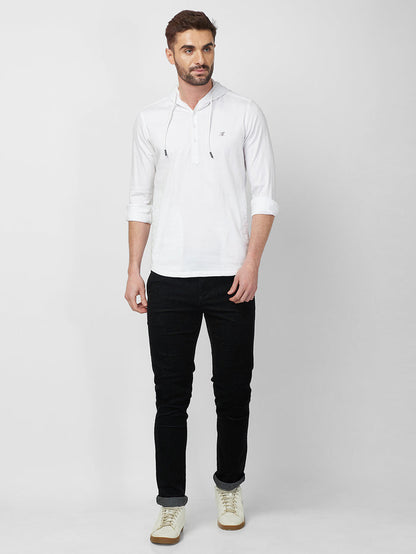 Full sleeves Slim Fit White Kurta Placket Hoodie Solid Shirt