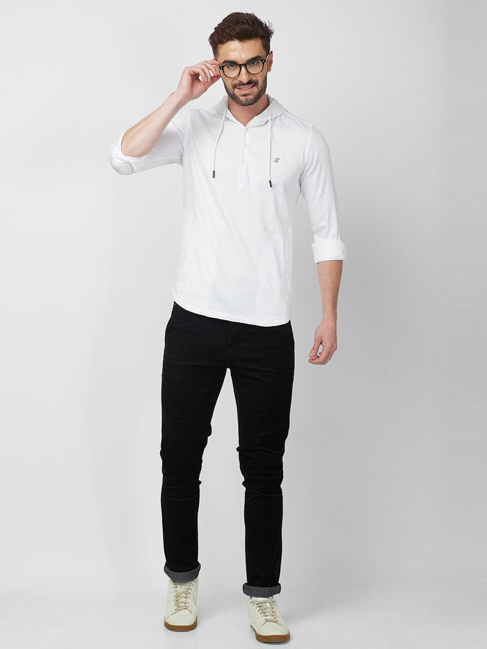 Full sleeves Slim Fit White Kurta Placket Hoodie Solid Shirt