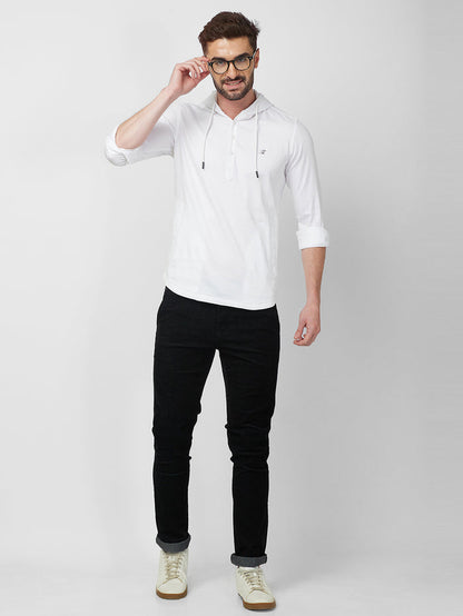 Full sleeves Slim Fit White Kurta Placket Hoodie Solid Shirt