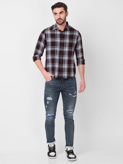 Full Sleeves Slim Fit Wine Structure Checks Shirt