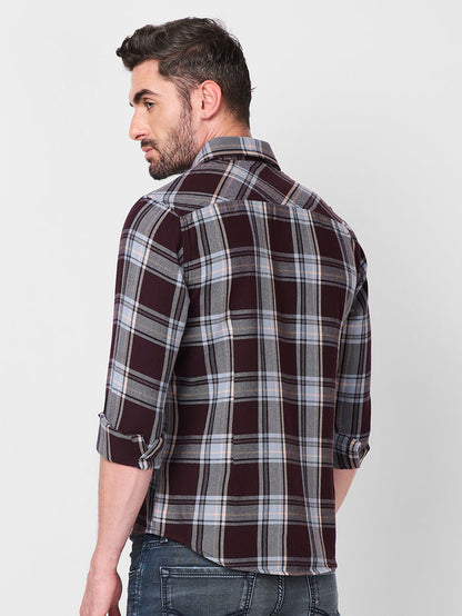 Full Sleeves Slim Fit Wine Structure Checks Shirt