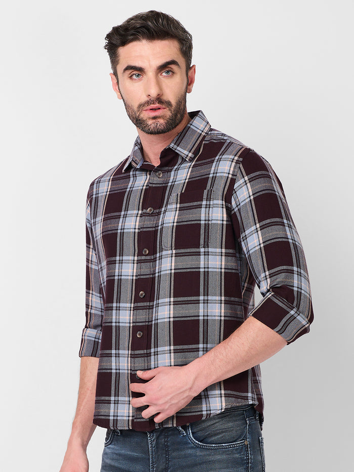 Full Sleeves Slim Fit Wine Structure Checks Shirt