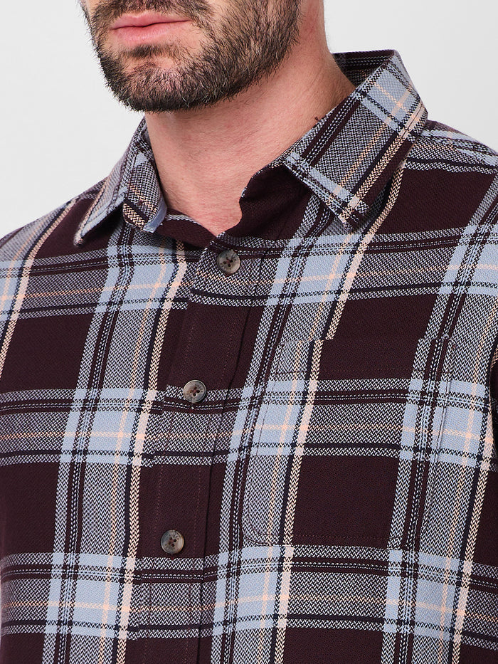 Full Sleeves Slim Fit Wine Structure Checks Shirt