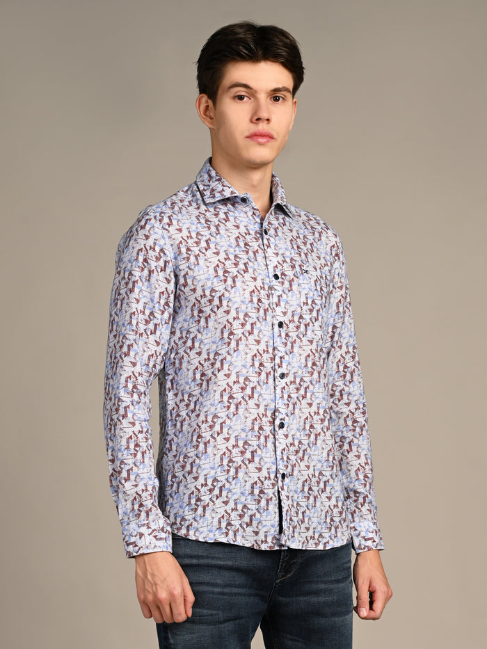 Full Sleeves Straight Fit Coffee All-Over Abstract Geometric Pure Linen Print Shirt