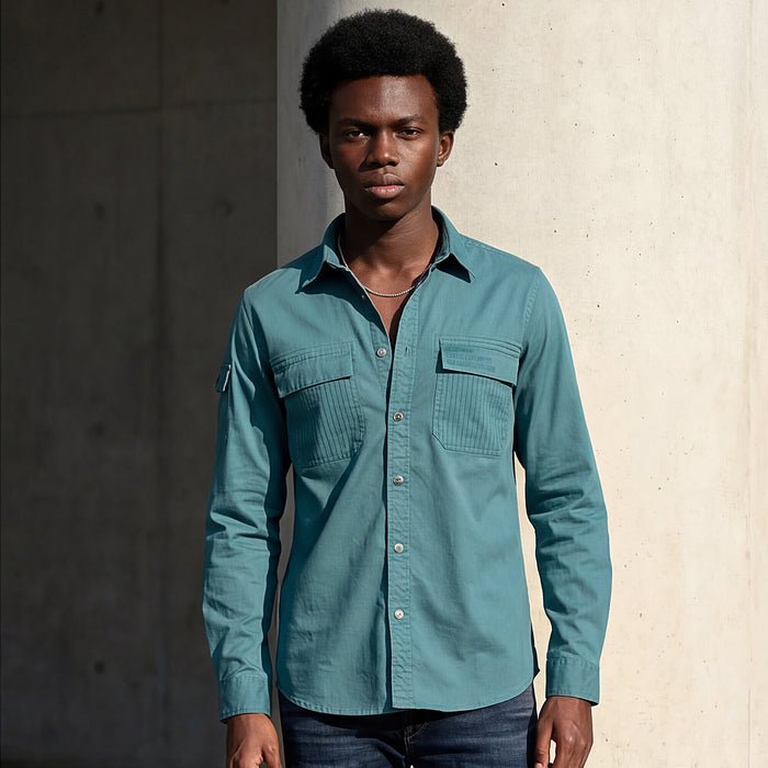 Full Sleeves Straight Fit Slate Emrald Green Heavy Twill Double Pocket Solid Shirt