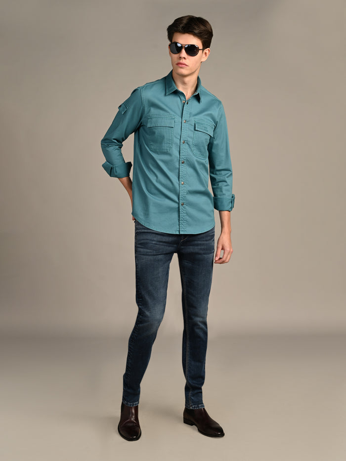 Full Sleeves Straight Fit Slate Emrald Green Heavy Twill Double Pocket Solid Shirt