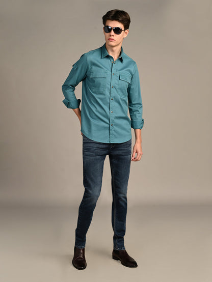 Full Sleeves Straight Fit Slate Emrald Green Heavy Twill Double Pocket Solid Shirt