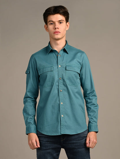 Full Sleeves Straight Fit Slate Emrald Green Heavy Twill Double Pocket Solid Shirt