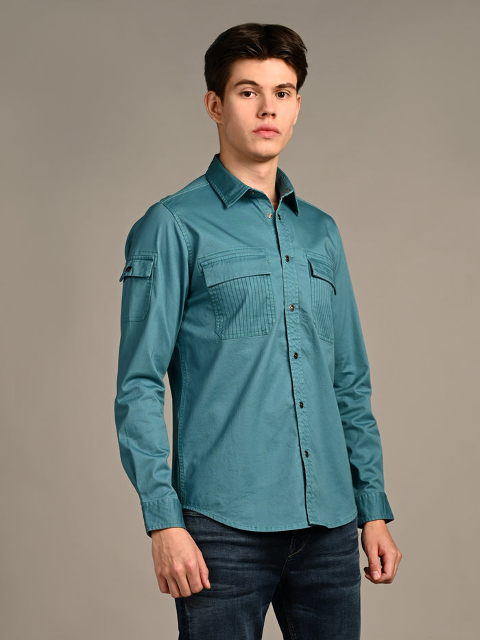 Full Sleeves Straight Fit Slate Emrald Green Heavy Twill Double Pocket Solid Shirt